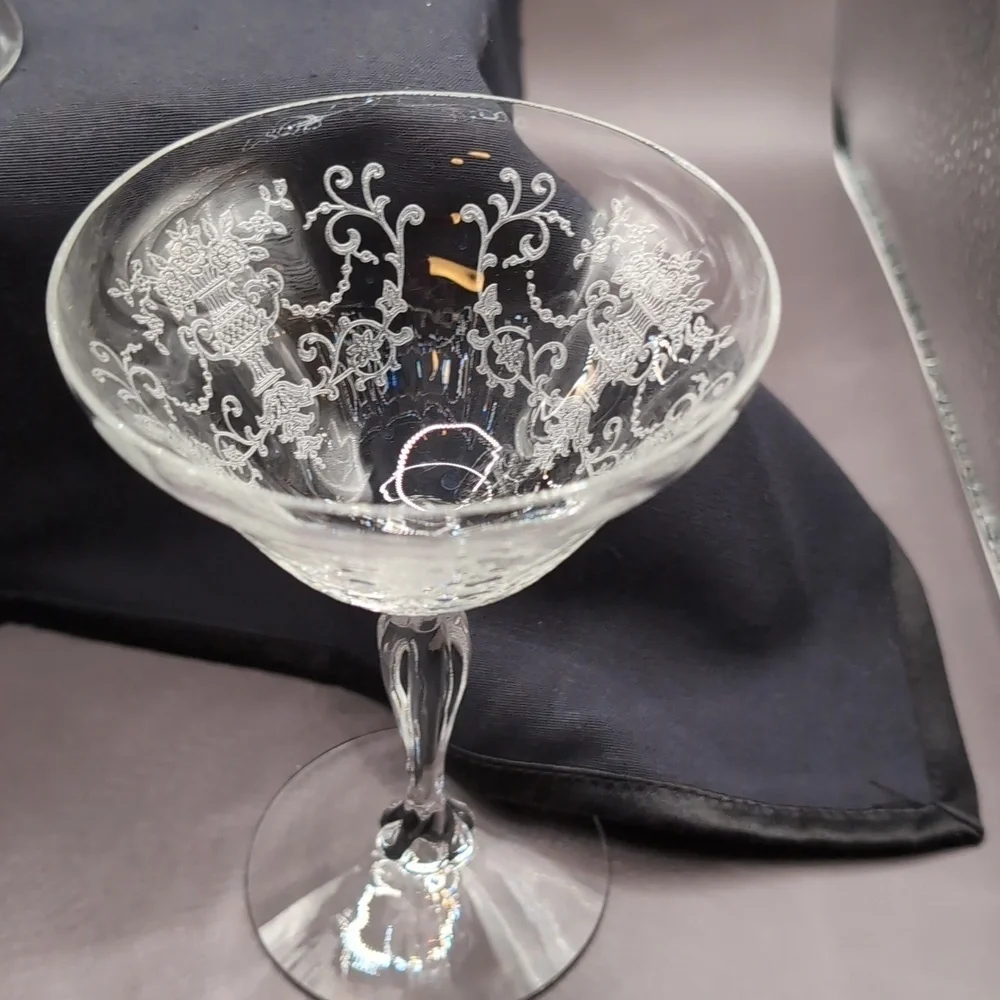Vintage (4) Fostoria Florentine Etched Crystal Champagne Coupe Glasses 5.5